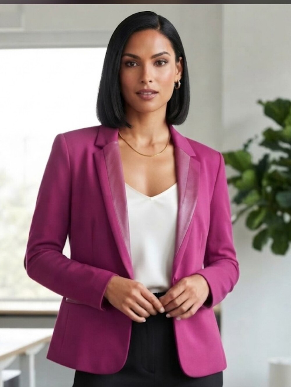 Elementz Fuchsia Ponte Knit Lined Blazer Faux Leather Lapel Accents Size Med
